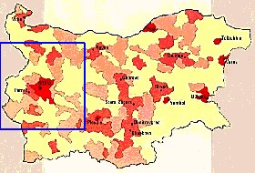 mapa de de densidade populacional Bulgaria