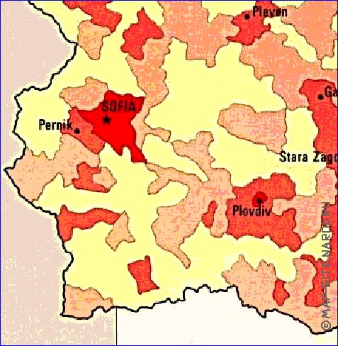 carte de de la densite de population Bulgarie