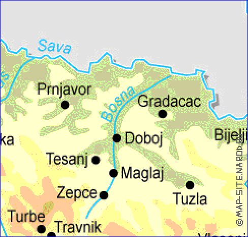 Physique carte de Bosnie-Herzegovine