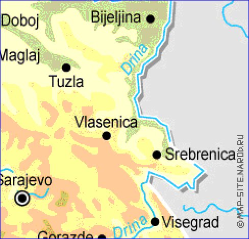 Physique carte de Bosnie-Herzegovine