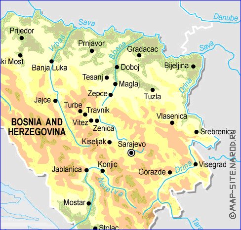 Physique carte de Bosnie-Herzegovine