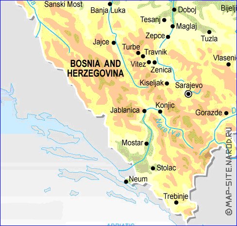 Physique carte de Bosnie-Herzegovine