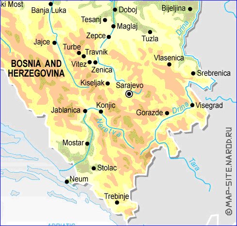 Physique carte de Bosnie-Herzegovine