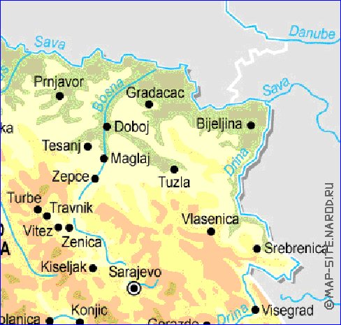 Physique carte de Bosnie-Herzegovine