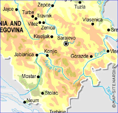 Physique carte de Bosnie-Herzegovine