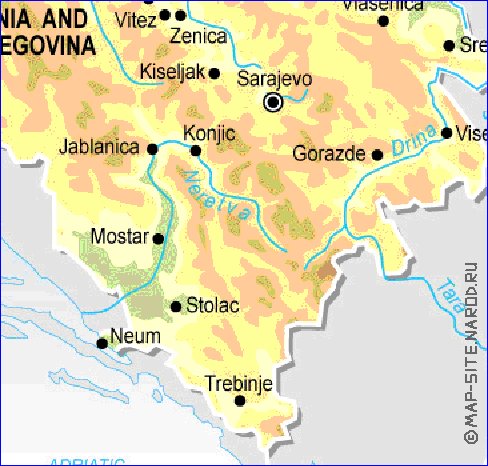 Physique carte de Bosnie-Herzegovine