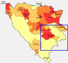 mapa de de densidade populacional Bosnia e Herzegovina