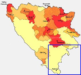 mapa de de densidade populacional Bosnia e Herzegovina