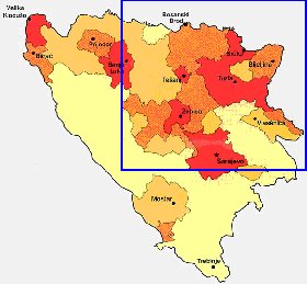 mapa de de densidade populacional Bosnia e Herzegovina