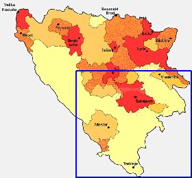 mapa de de densidade populacional Bosnia e Herzegovina