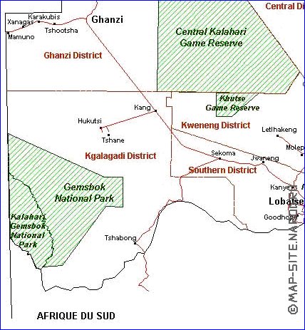 Administrativa mapa de Botswana em frances