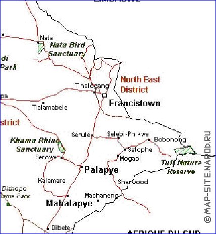 Administrativa mapa de Botswana em frances