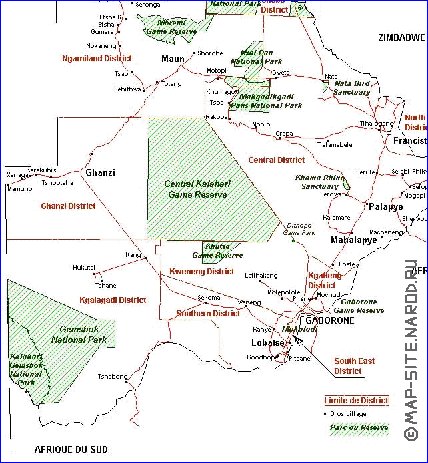 Administrativa mapa de Botswana em frances